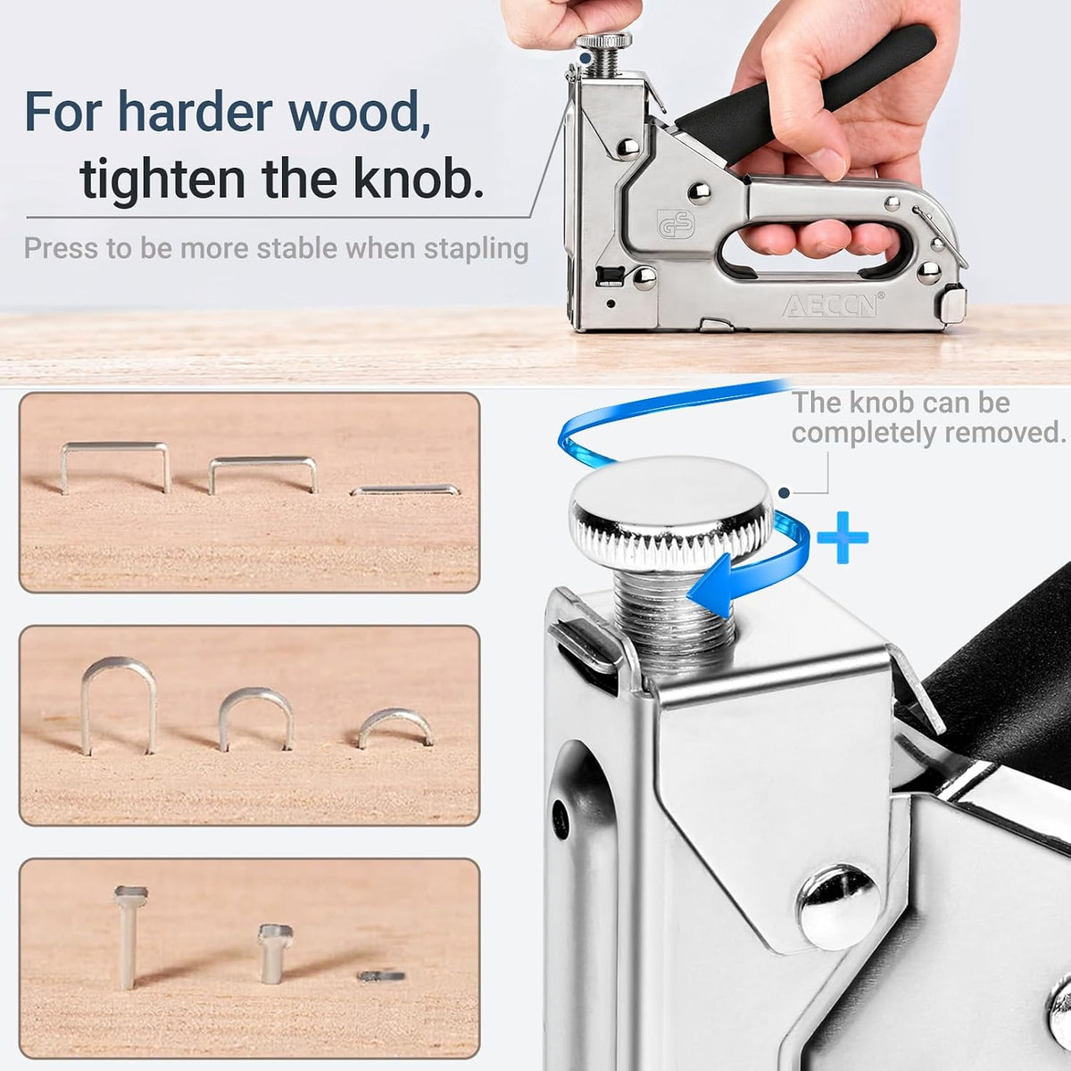 AECCN 3-in-1 Heavy Duty Staple Gun for Wood & Furniture, and DIY, Silver