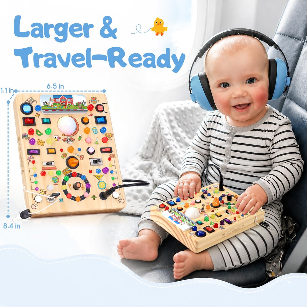 Busy Board with LED Light Switches, Montessori Toys for 1 2 3 Years Old, Toddlers Wooden Toy Sensory Activity Board, Travel Toys for 1+ Year Old Boy & Girl Birthday Gift
