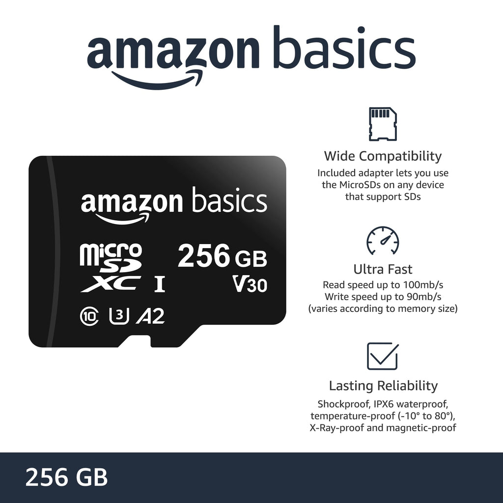 Amazon Basics microSDXC Memory Card, 64GB, A2, U3, 100MB/s Read Speed, Black, 2-Pack
