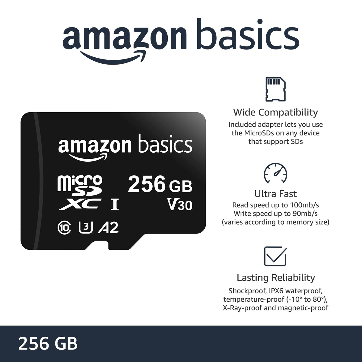 Amazon Basics microSDXC Memory Card, 64GB, A2, U3, 100MB/s Read Speed, Black, 2-Pack