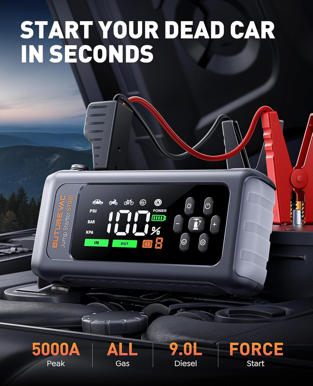 5000A Jump Starter Power Pack with 150PSI Air Compressor, Car Battery Booster Jump Starter for 12V Vehicle(Up to All Gas/9L Diesel), Jump Pack with Flashlight, Force Start, Gloves