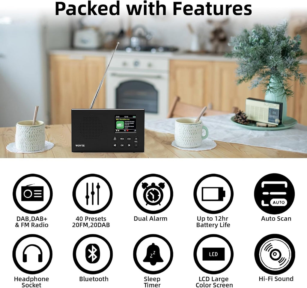 WOVTE Portable DAB/DAB+/FM Digital Colour Display Radio