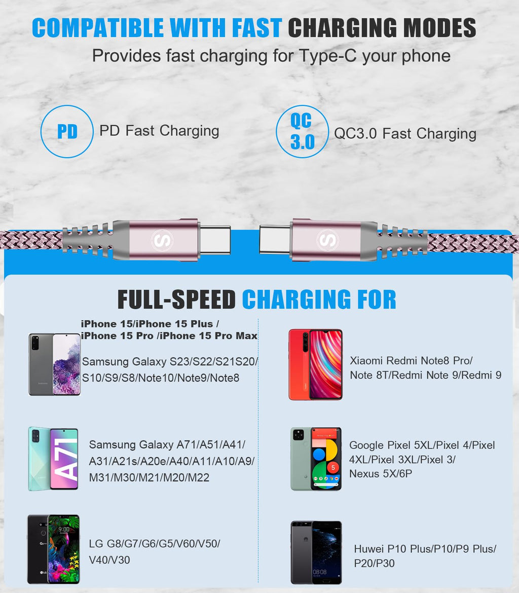2-Pack 3m 60W USB C to USB C Charger Cable, PD Type C Super Fast Charging for iPhone 16 15 MacBook iPad Pro, Samsung Flip Fold 7 6 5 S25 S24 S23 Ultra, Steam Deck, Nintendo Switch etc