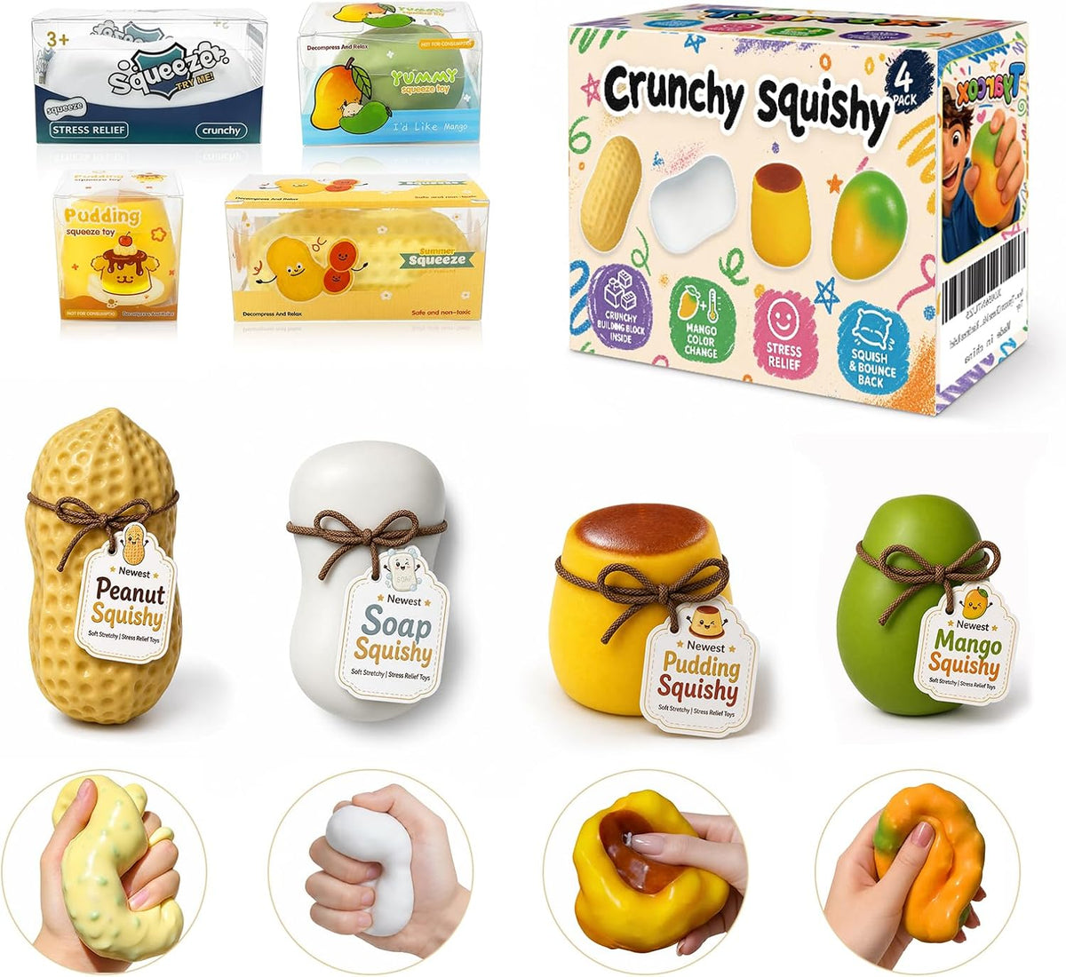 4 Pack Crunchy Squishy Stress Ball,Mango Pudding Peanut & Soap ASMR Fidget