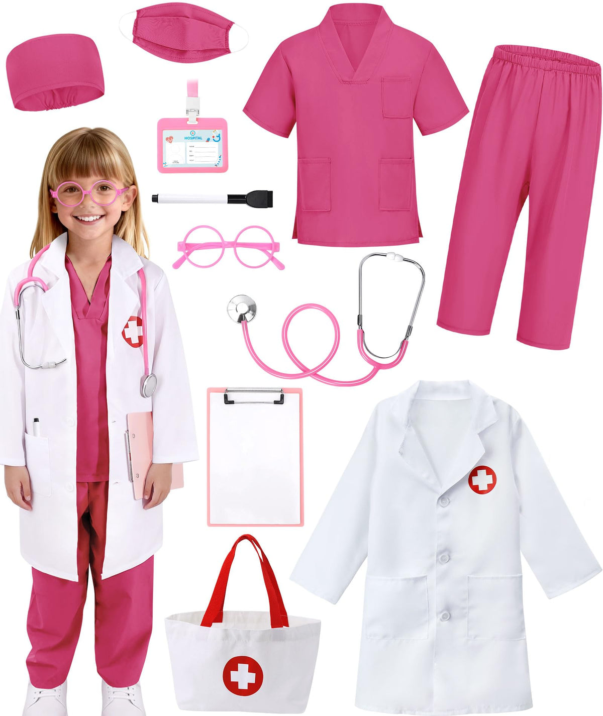 12 PCS Doctor Costume for Kids,Scrubs Nurse Costume for Girls Boys