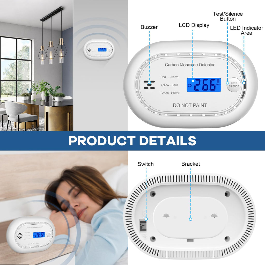 XINDUM Carbon Monoxide Detector 10-Year Battery LCD Display CE Black 1Pack