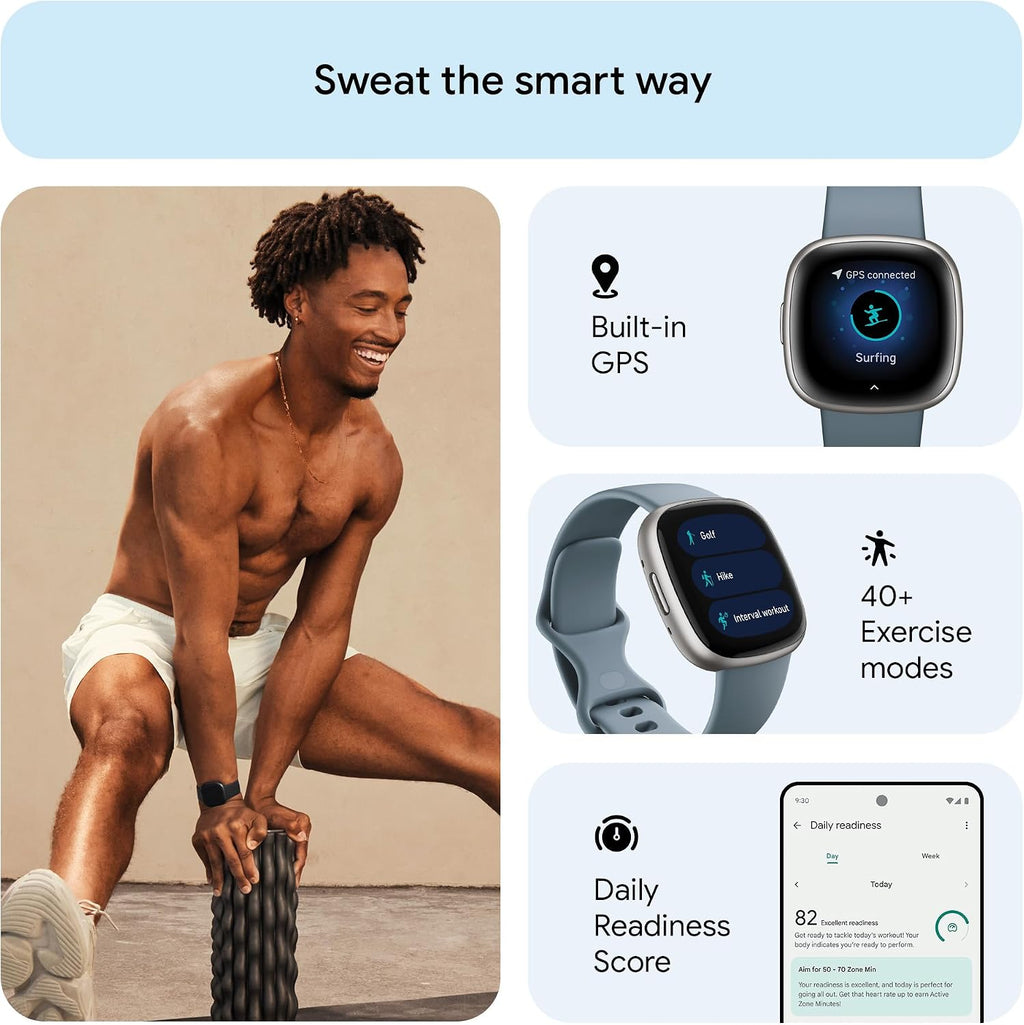 Google Fitbit Versa 4 Fitness Smartwatch with built-in GPS and up to 6 days battery life - compatible with iOS 15 or higher & Android OS 9.0 or higher, Waterfall Blue/Platinum