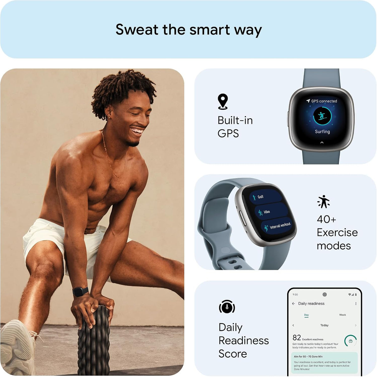 Google Fitbit Versa 4 Fitness Smartwatch with built-in GPS and up to 6 days battery life - compatible with iOS 15 or higher & Android OS 9.0 or higher, Waterfall Blue/Platinum