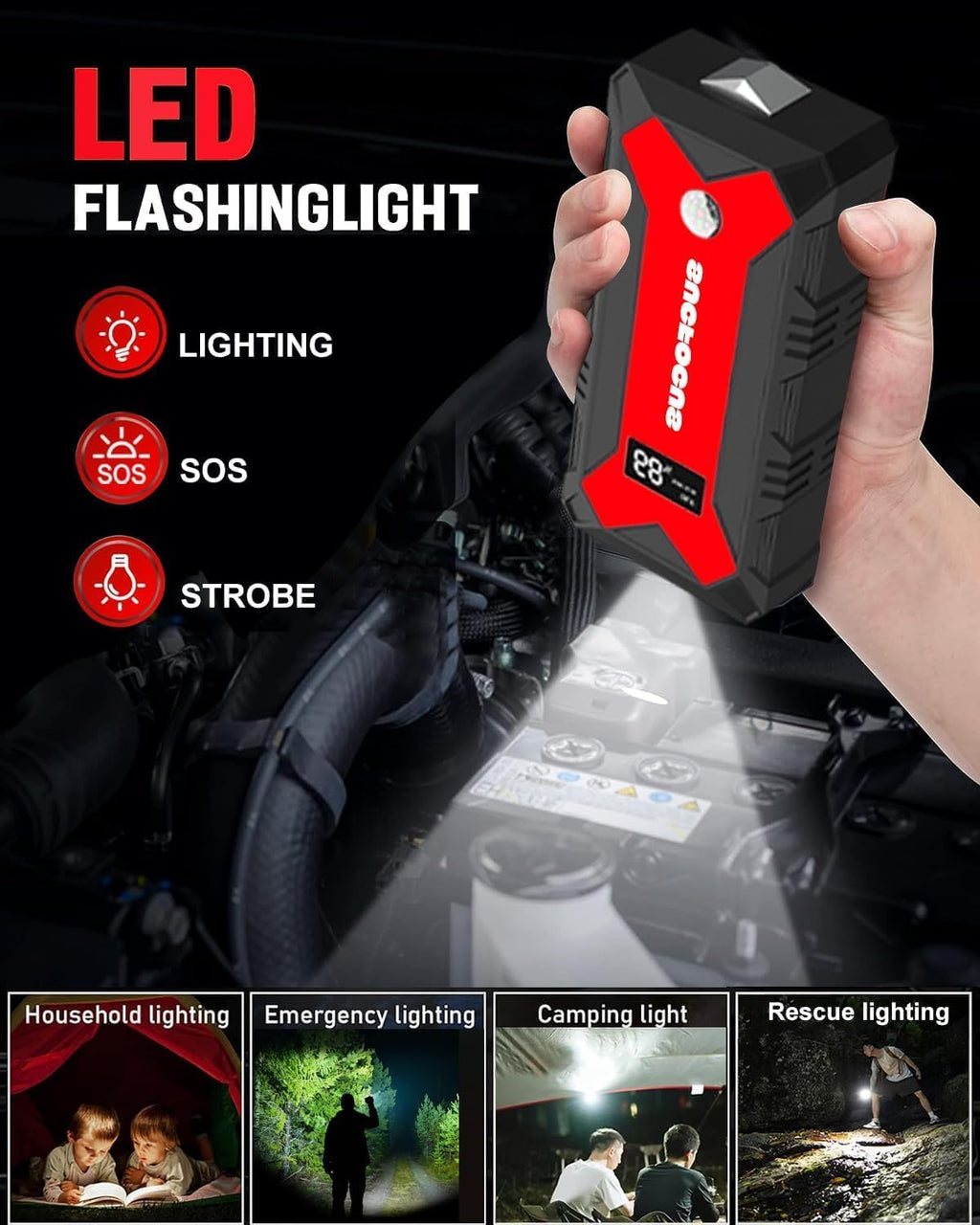 Jump Starter Power Pack, 4000A Car Battery Booster Jump Starter for 12V Vehicles and Motorbikes (9.0L Petrol or 8.5L Diesel), Car Jumper Starter Power Bank with Jump Leads, LED Light/USB QC3.0 (Red)