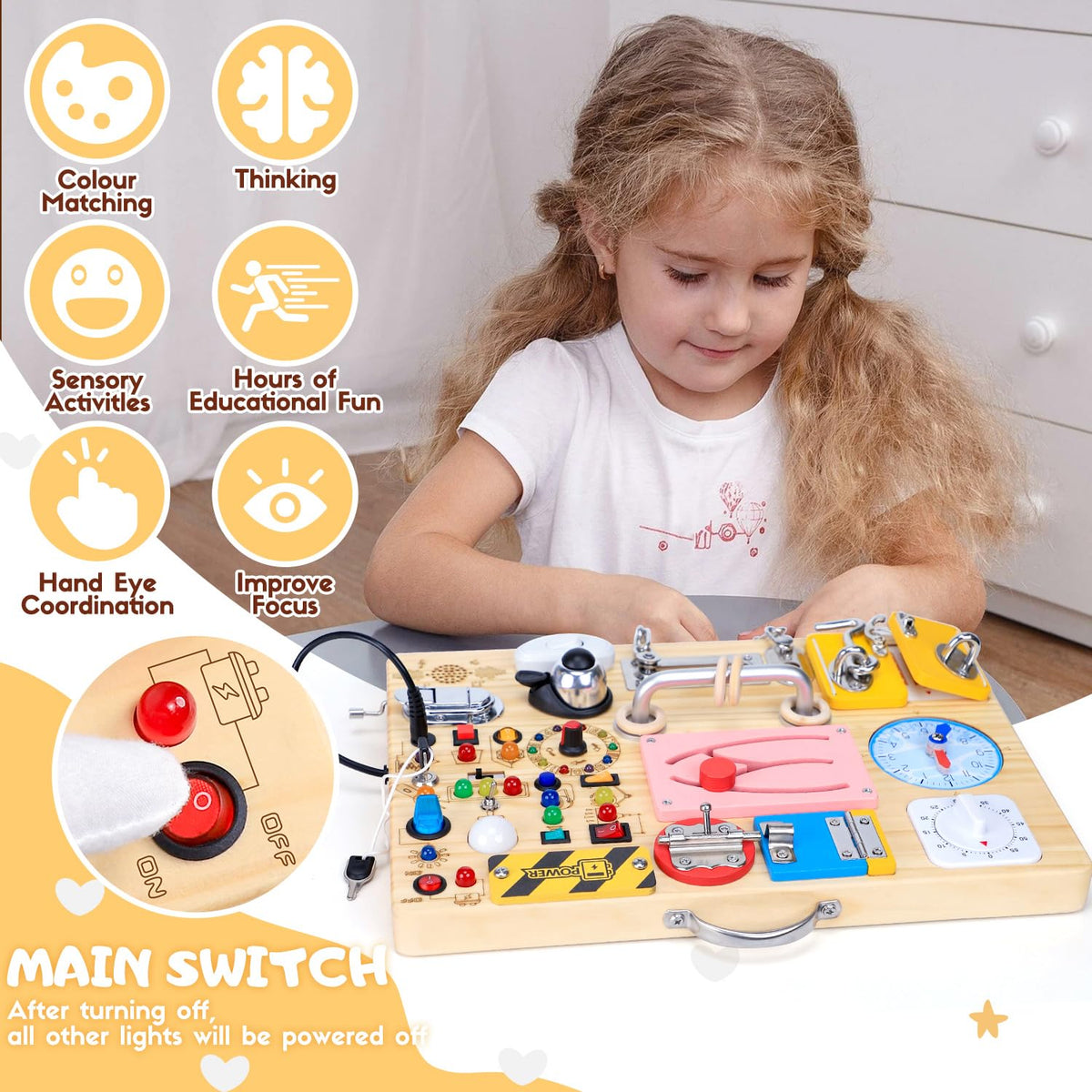 Busy Board with LED Light Switches, Montessori Toys for 1 2 3 Years Old, Toddlers Wooden Toy Sensory Activity Board, Travel Toys for 1+ Year Old Boy & Girl Birthday Gift