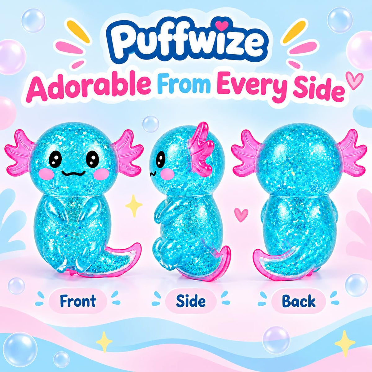 Axolotl Squishy Stress Relief Toy Glitter Fidget Toys Cute Malt Sugar Axolotl Toy Fidget Toys for Kids Youth Adult, Party Favors Anxiety Relief Squishy Toys(Blue)