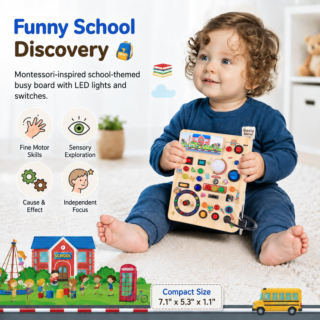 Busy Board with LED Light Switches, Montessori Toys for 1 2 3 Years Old, Toddlers Wooden Toy Sensory Activity Board, Travel Toys for 1+ Year Old Boy & Girl Birthday Gift