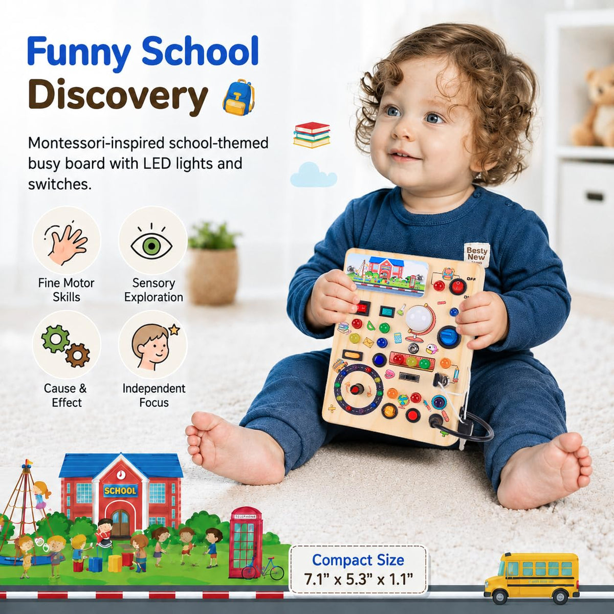 Busy Board with LED Light Switches, Montessori Toys for 1 2 3 Years Old, Toddlers Wooden Toy Sensory Activity Board, Travel Toys for 1+ Year Old Boy & Girl Birthday Gift