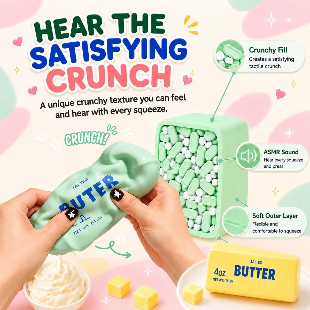 Crunchy Butter Squishy, Soft Squeeze Sensory Fidget Toy with Crunchy ASMR Texture, Butter Stick Stress Relief Toy, Fun Novelty Gift for Kids Teens and Adults, Pink
