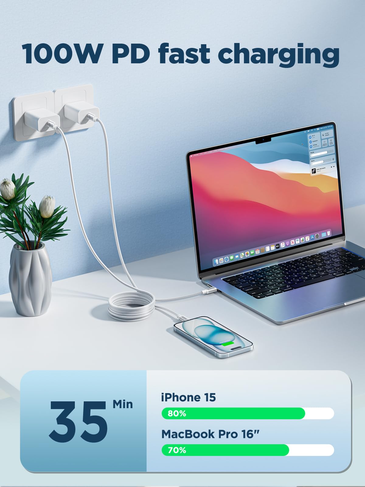 100W USB C to USB C, Fast Charging Cable 3M Long Type C Cable C to C Charger Fast Charg Lead Usbc to Usbc for iPhone 16 15 Pro Max Plus MacBook iPad Pro/Air Samsung Galaxy S23/S22/S21 Google Pixel