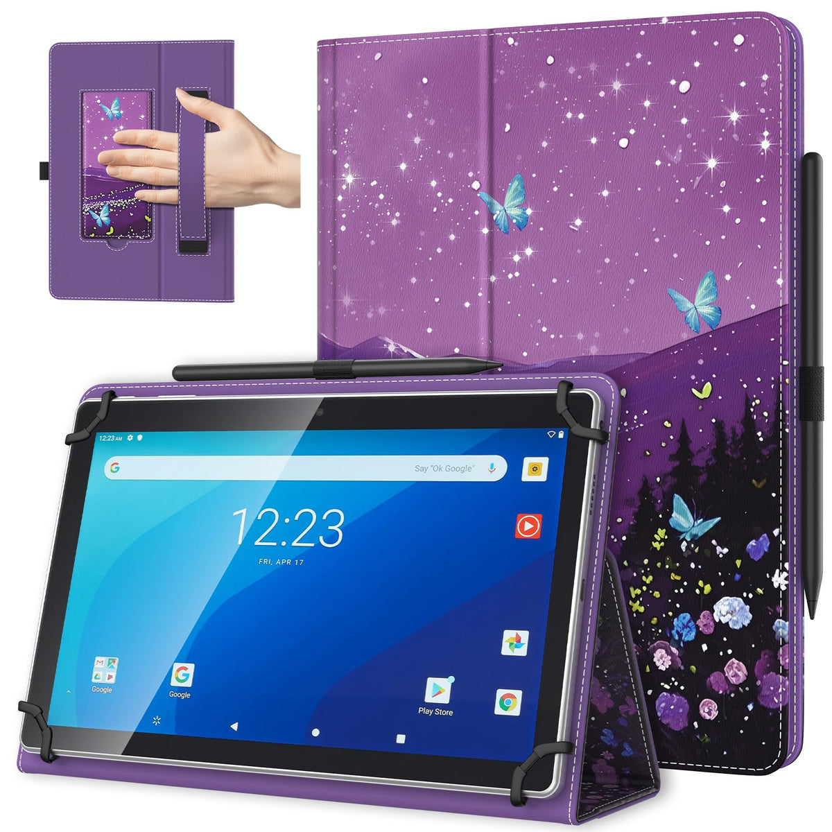 TiMOVO Universal Case for 10.1 Inch Android Tablet, Flowers on Purple