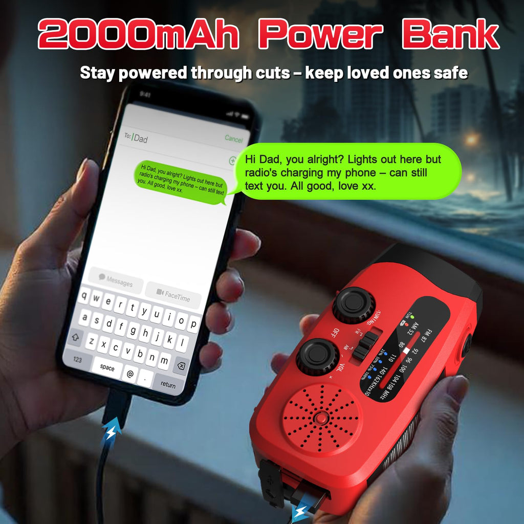 Wind Up Radio, Solar Emergency Radio, Portable Hand Crank Radio, AM/FM Radio with LED Torch, 2000mAh Rechargeable Power Bank, SOS Alarm, USB Phone Charger, Emergency for Camping Hiking (Light Orange)