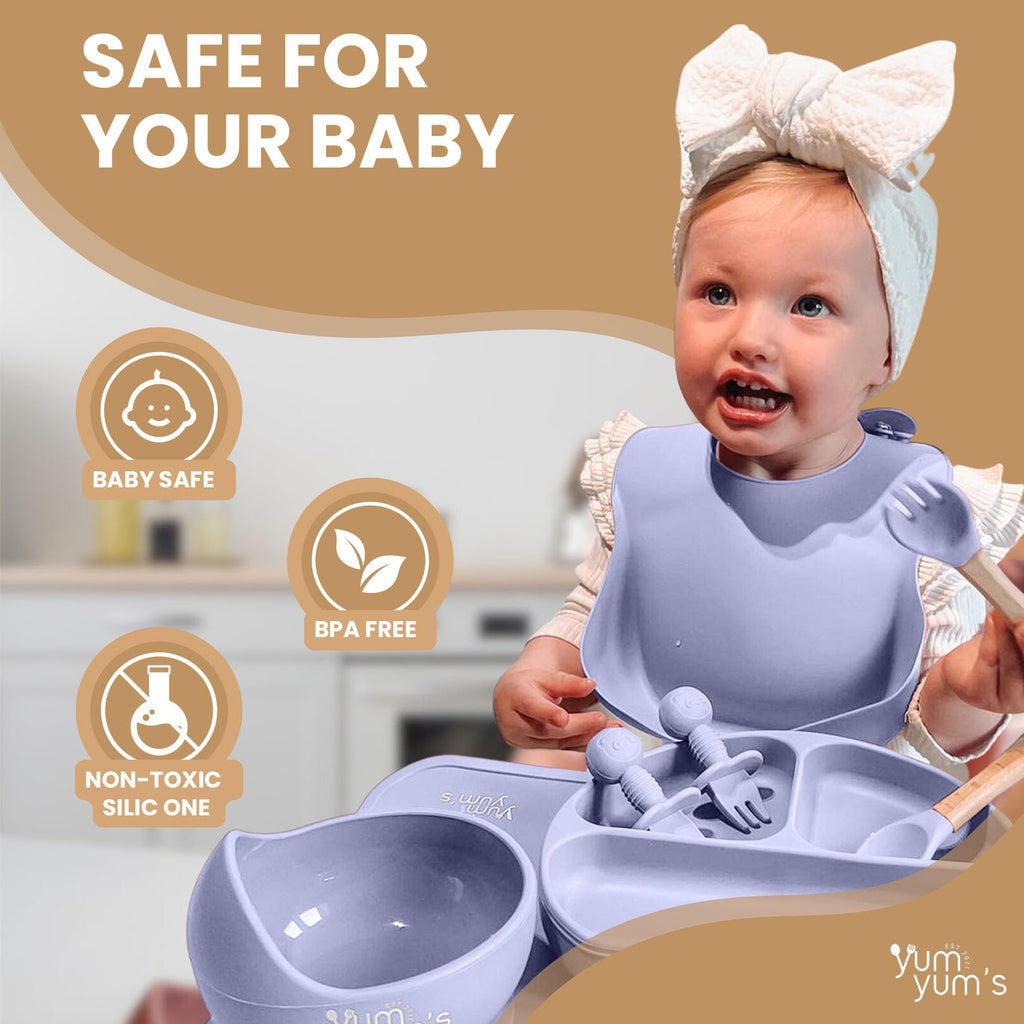 Yum Yum's Baby 10 Pcs Blue Weaning Set - Complete Toddler Feeding Kit w/Sectioned Plate, Suction Bowls, Cutlery with Mouth Guard, Straw Cup, Bib & Mat - Non-Slip - for Toddlers & Baby Gift