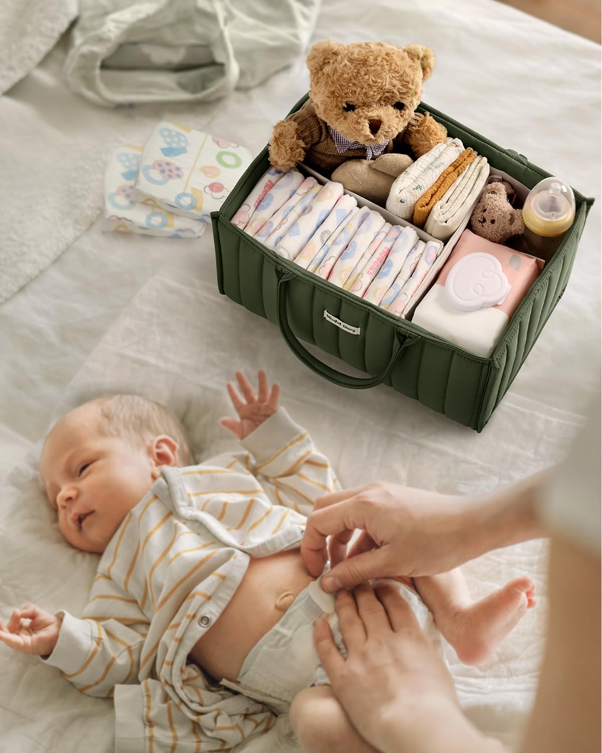 Blissful Diary Nappy Caddy Organiser, Baby Diaper Caddy for Nappy Station, Stylish Storage Basket for Newborn Essentials, Baby Shower Gifts for Girl or Boy, Sage Green