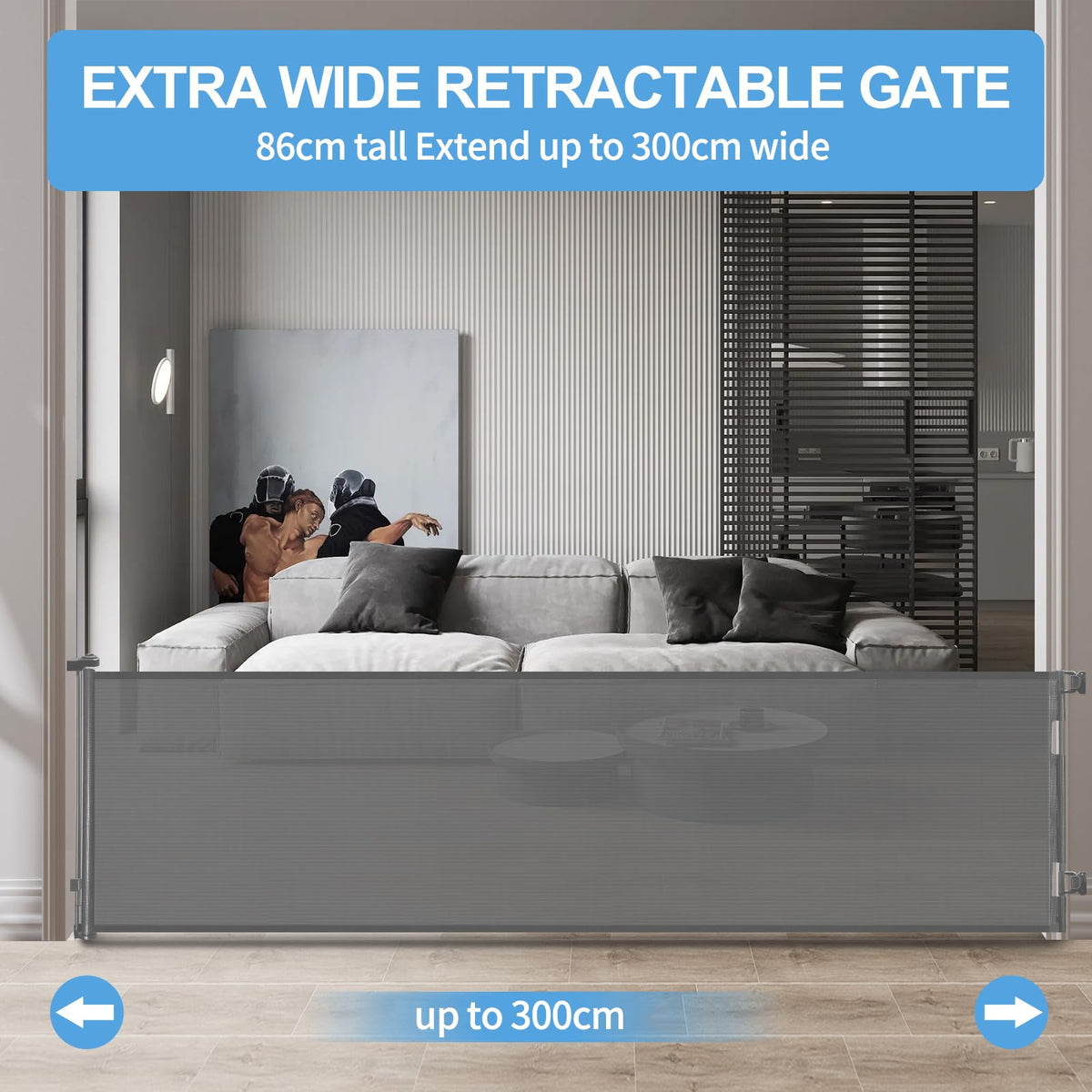 Retractable Mesh Baby & Dog Gate for Stairs, 86cm Tall x 140cm Wide, Black