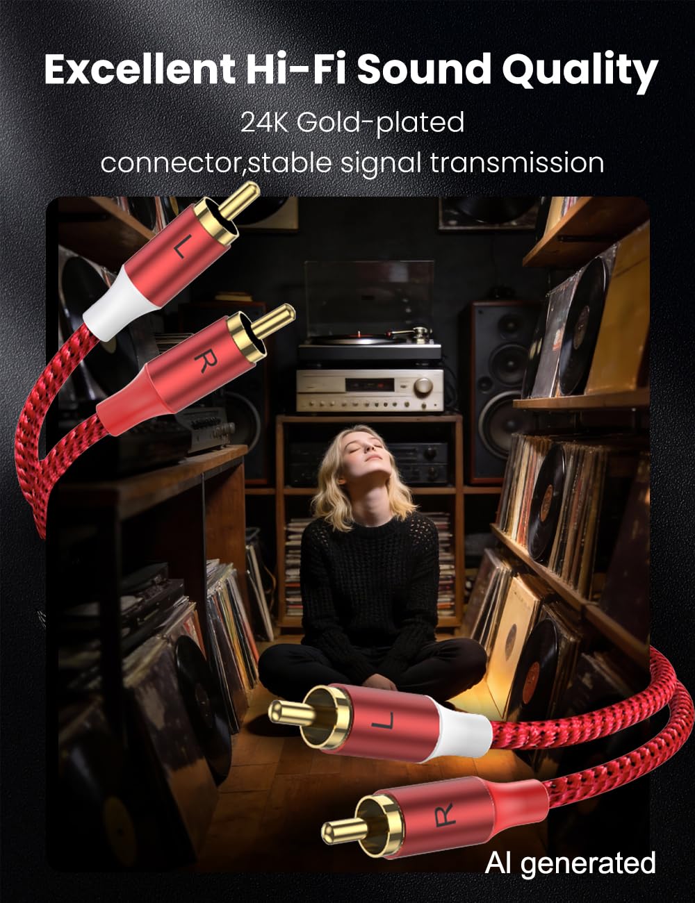 MOSWAG 2RCA Male to 2RCA Male Phono Cable 1m, 2 RCA Audio Cable Phono Lead
