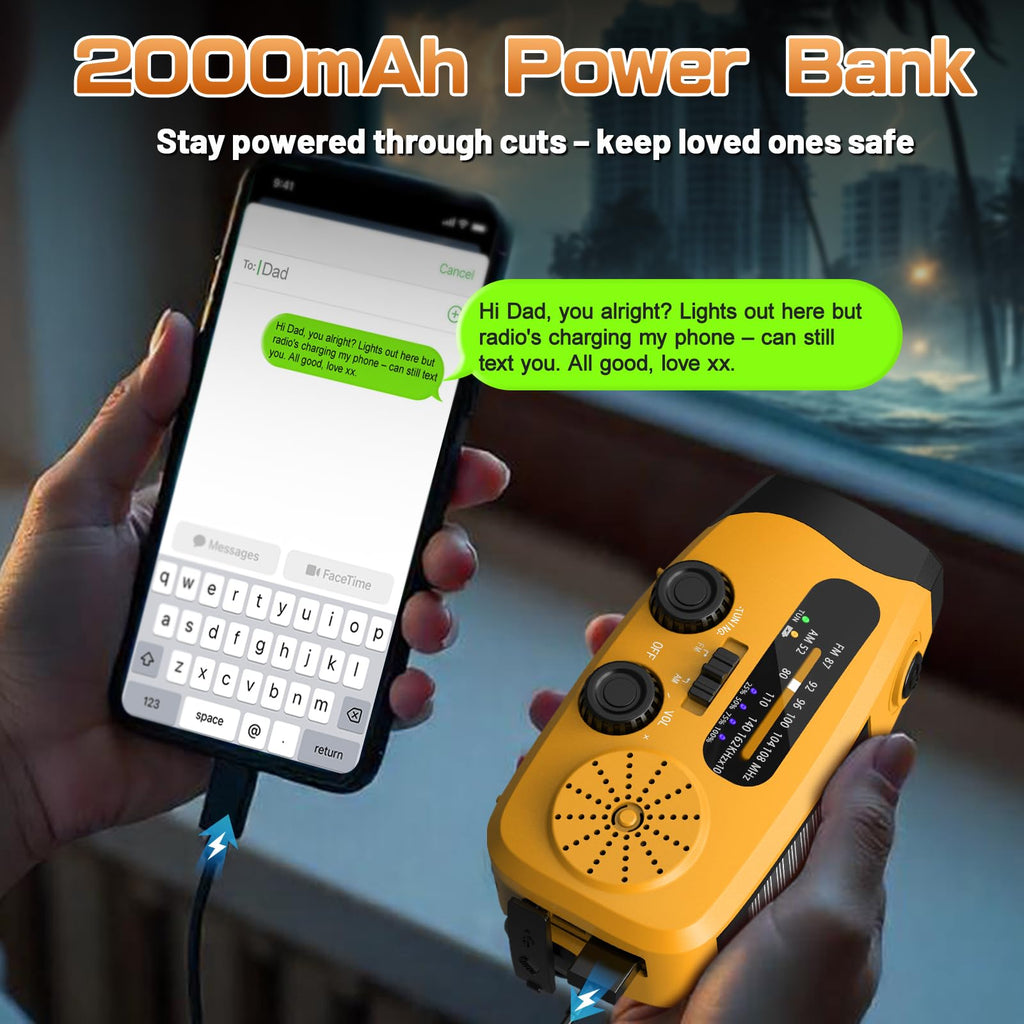 Wind Up Radio, Solar Emergency Radio, Portable Hand Crank Radio, AM/FM Radio with LED Torch, 2000mAh Rechargeable Power Bank, SOS Alarm, USB Phone Charger, Emergency for Camping Hiking (Light Orange)