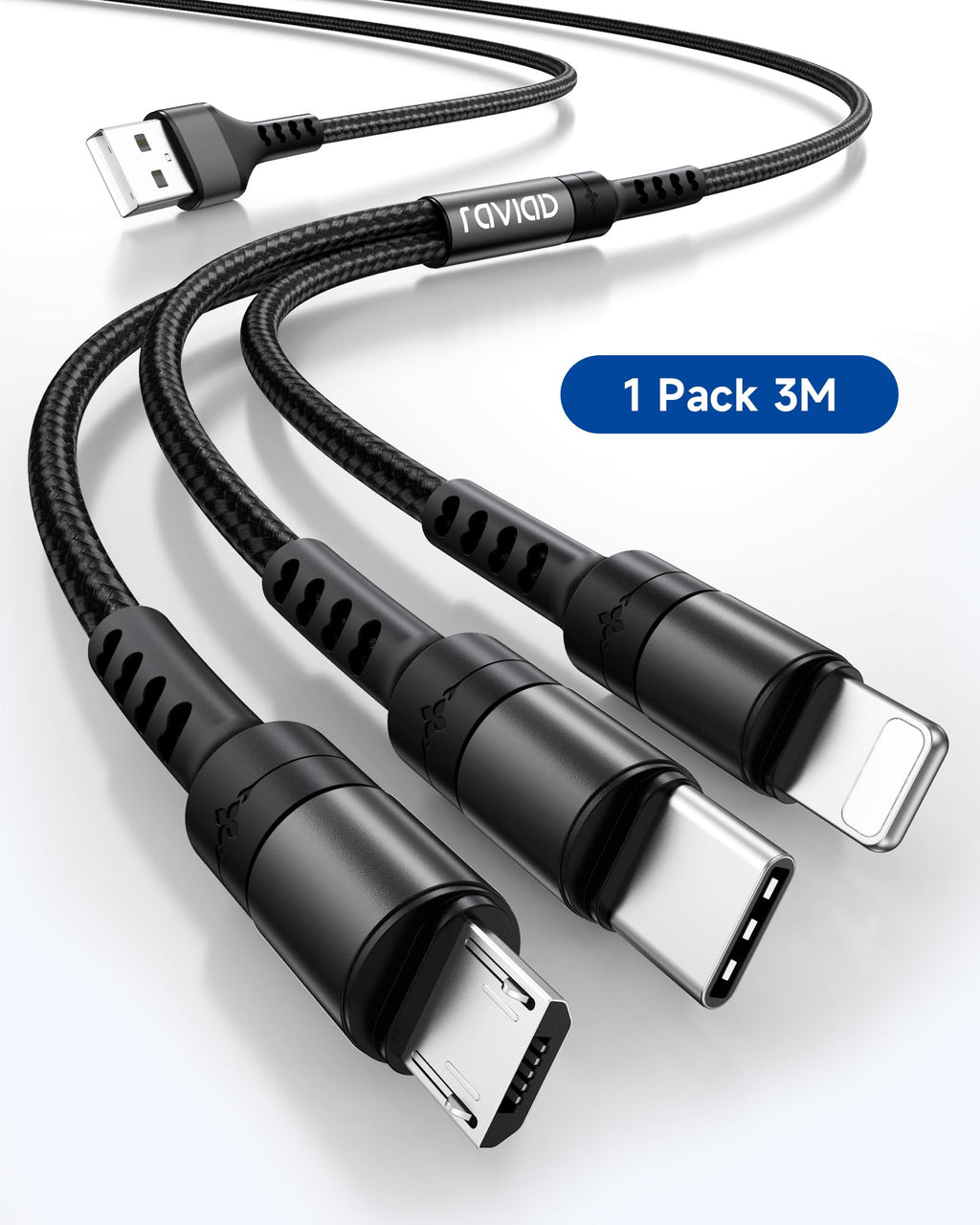 RAVIAD Multi Charger Cable, 3 in 1 Charger Cable 3A USB Fast Charging Cord