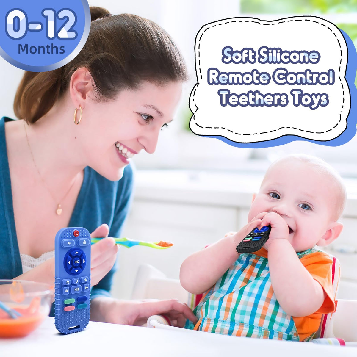 Teething Relief Teethers Toys for Babies 3-6 12 Months Gifts, Silicone Remote Control Baby Teether Bath Toys for 3 6 9 Months Newborn Infant Boy Girl Autism, Food Grade Silicone Sensory Toys, Black
