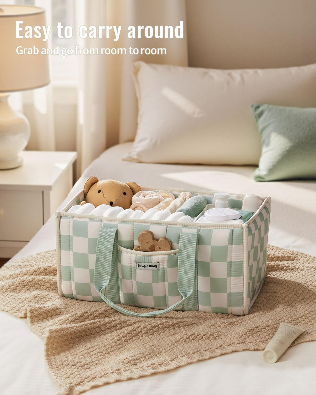 Blissful Diary Nappy Caddy Organiser, Baby Diaper Caddy for Nappy Station, Stylish Storage Basket for Newborn Essentials, Baby Shower Gifts for Girl or Boy, Sage Green