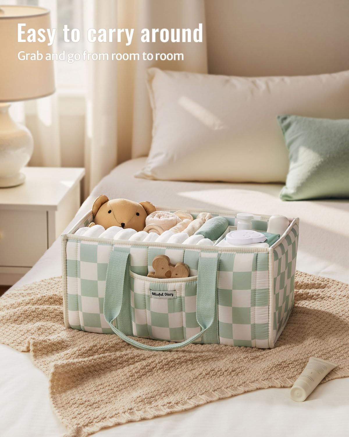 Blissful Diary Nappy Caddy Organiser, Baby Diaper Caddy for Nappy Station, Stylish Storage Basket for Newborn Essentials, Baby Shower Gifts for Girl or Boy, Sage Green