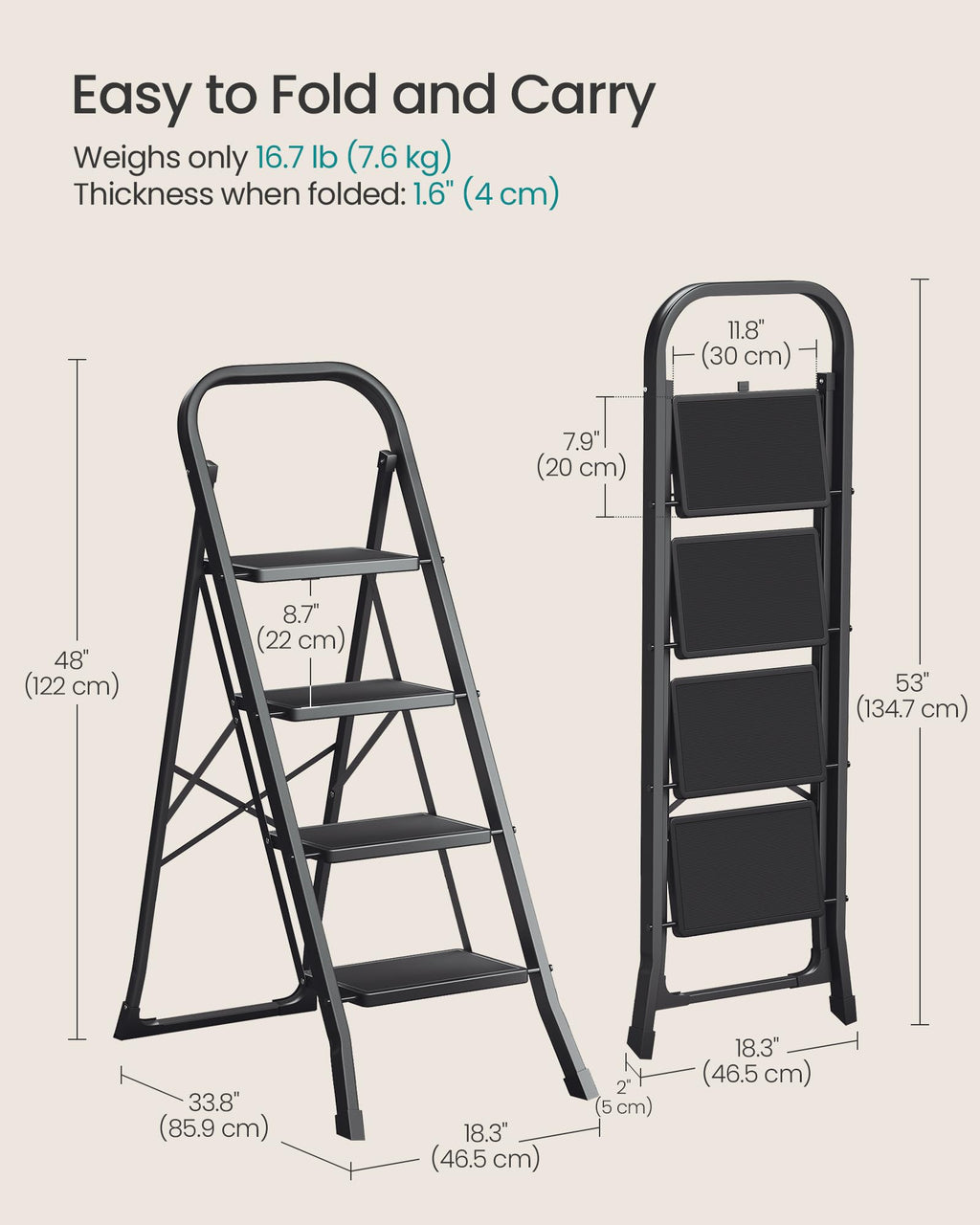 SONGMICS 3-Step Ladder, Folding Step Ladder, Safety, Holds up to 150KG