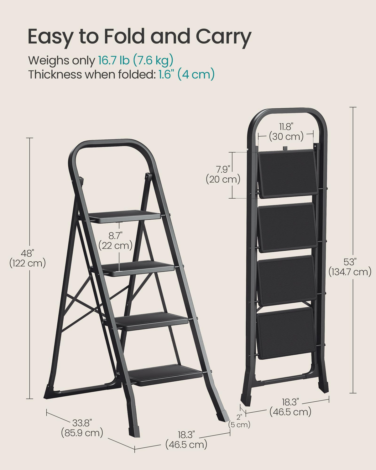 SONGMICS 3-Step Ladder, Folding Step Ladder, Safety, Holds up to 150KG