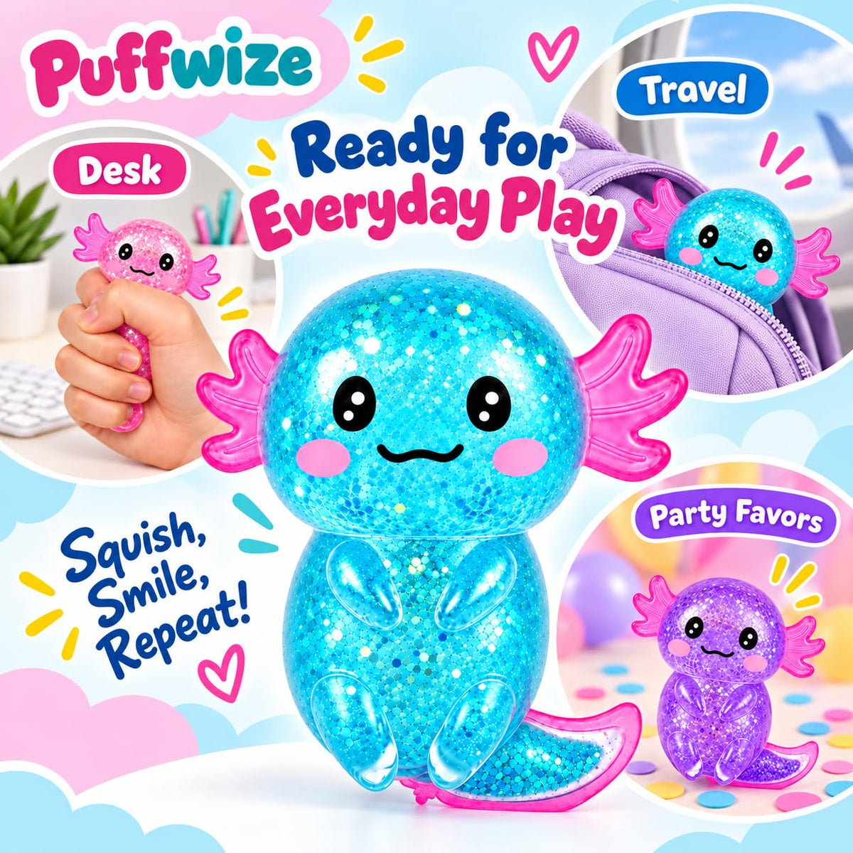 Axolotl Squishy Stress Relief Toy Glitter Fidget Toys Cute Malt Sugar Axolotl Toy Fidget Toys for Kids Youth Adult, Party Favors Anxiety Relief Squishy Toys(Blue)
