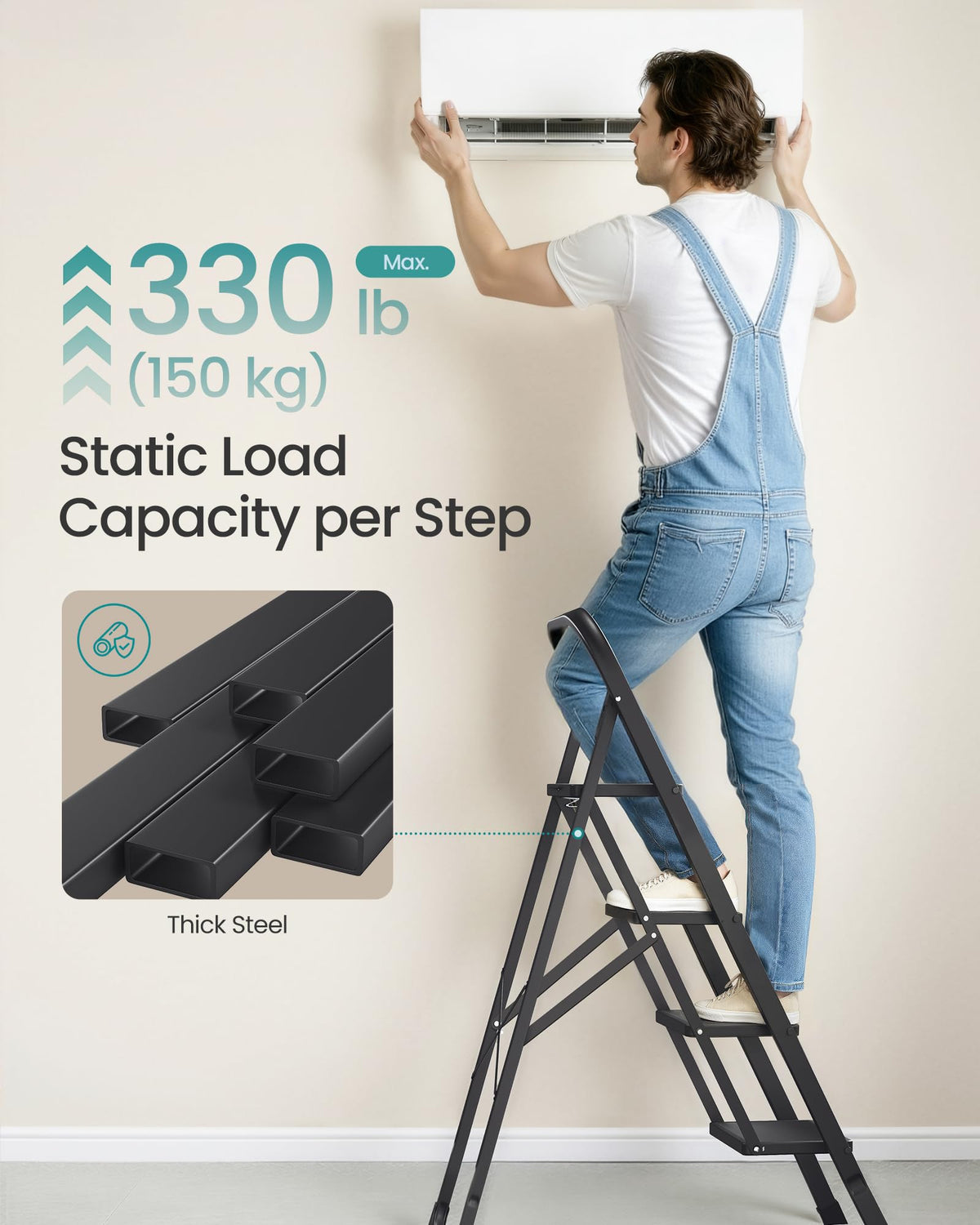 SONGMICS 3-Step Ladder, Folding Step Ladder, Safety, Holds up to 150KG