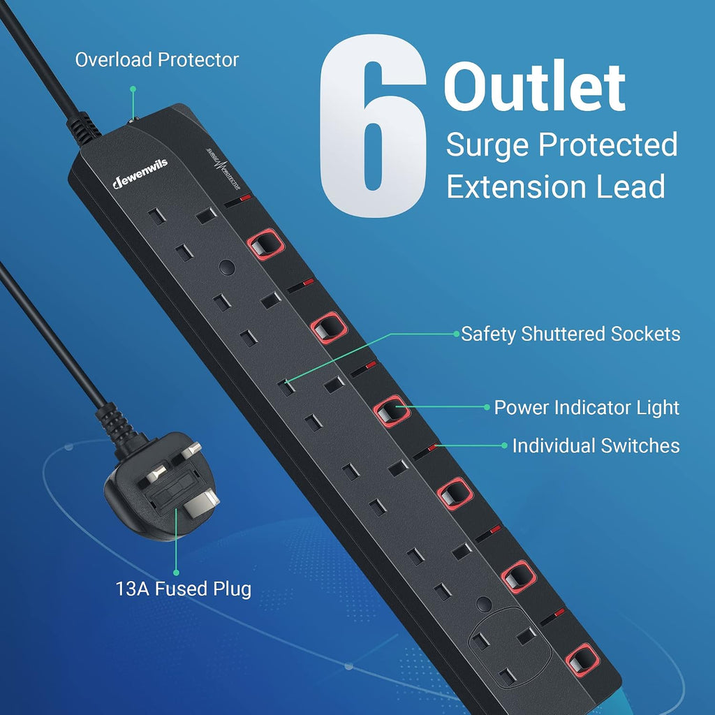 DEWENWILS 6 Way Surge Protected Extension Lead with Individual Switches