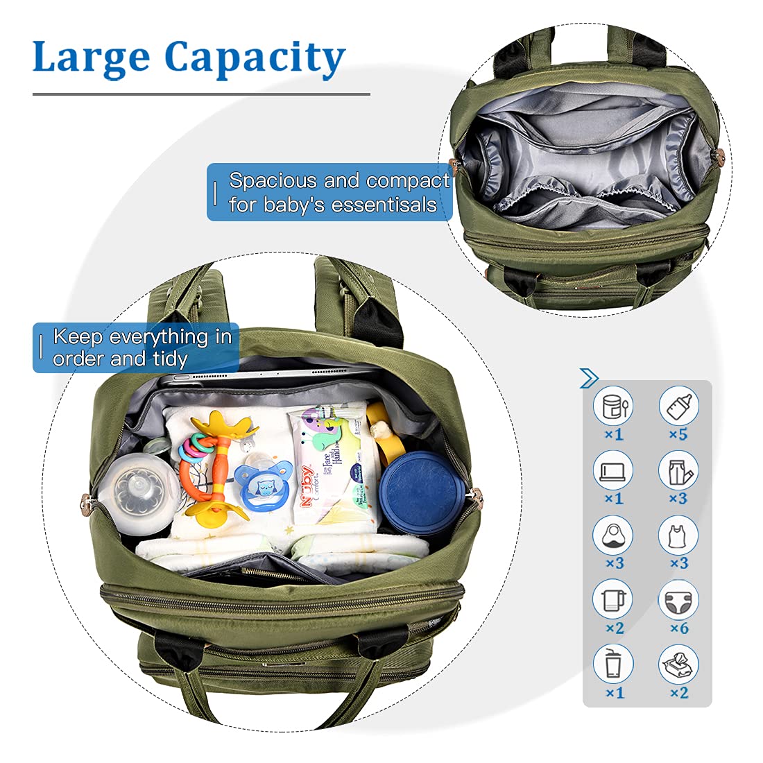 Dikaslon Baby Changing Bag Backpack, Large Nappy Back Pack Multifunction Baby Bags with Portable Changing Mat, Pacifier Holder, and Stroller Straps, for Mom and Dad