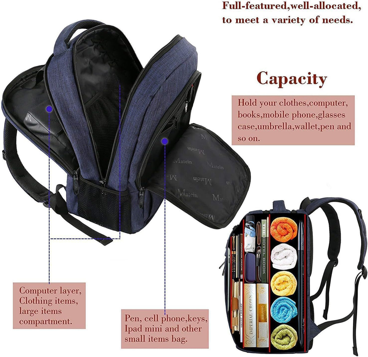 MATEIN Travel Laptop Backpack, Work Bag Lightweight Laptop Bag, Black Blue