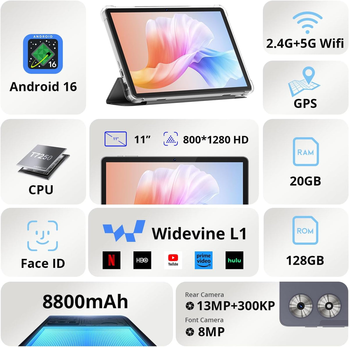 SVITOO Android 16 Tablet 11 Inch with Gemini AI, 20GB RAM 128GB ROM, 90Hz IPS Display, Fast T7250 Octa-Core, 8800mAh, 13MP Camera, Widevine L1, 5G WiFi, GPS, Case Included – Gray