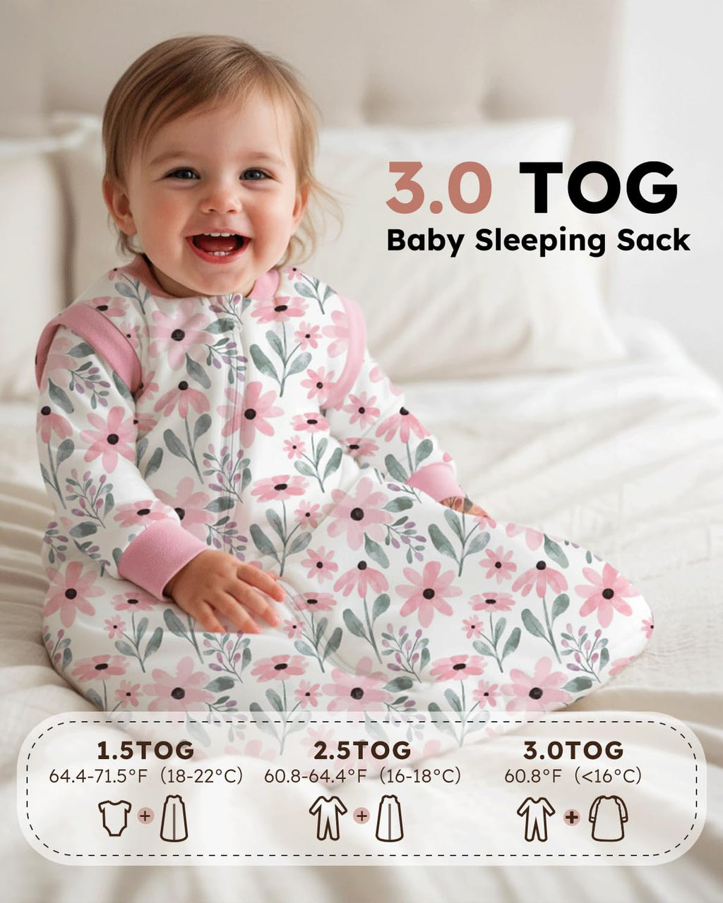 Yoofoss Baby Sleeping Bag 3.0 TOG - 6-12 Months Winter Sleeping Bag Baby with Removable Long Sleeves 100% Organic Cotton Sleep Sack Newborn Infant Toddler Giraffe