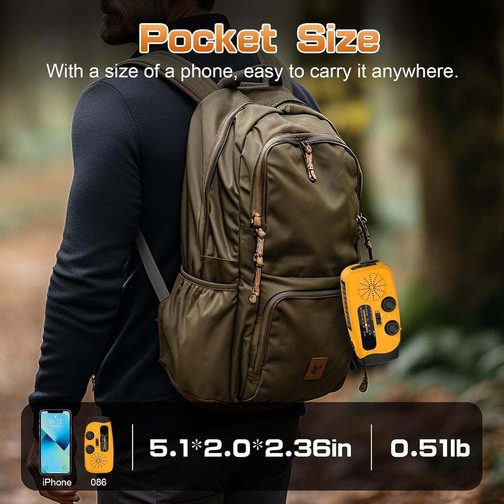 Wind Up Radio, Solar Emergency Radio, Portable Hand Crank Radio, AM/FM Radio with LED Torch, 2000mAh Rechargeable Power Bank, SOS Alarm, USB Phone Charger, Emergency for Camping Hiking (Light Orange)