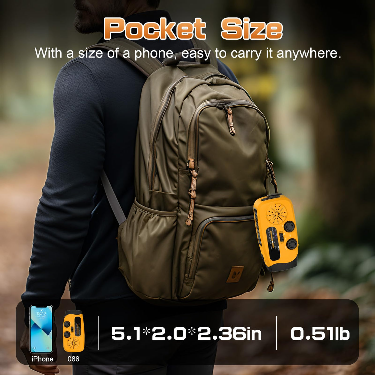 Wind Up Radio, Solar Emergency Radio, Portable Hand Crank Radio, AM/FM Radio with LED Torch, 2000mAh Rechargeable Power Bank, SOS Alarm, USB Phone Charger, Emergency for Camping Hiking (Light Orange)