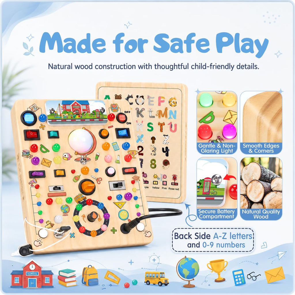 Busy Board with LED Light Switches, Montessori Toys for 1 2 3 Years Old, Toddlers Wooden Toy Sensory Activity Board, Travel Toys for 1+ Year Old Boy & Girl Birthday Gift