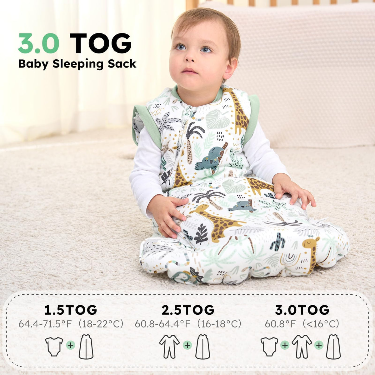 Yoofoss Baby Sleeping Bag 3.0 TOG - 6-12 Months Winter Sleeping Bag Baby with Removable Long Sleeves 100% Organic Cotton Sleep Sack Newborn Infant Toddler Giraffe