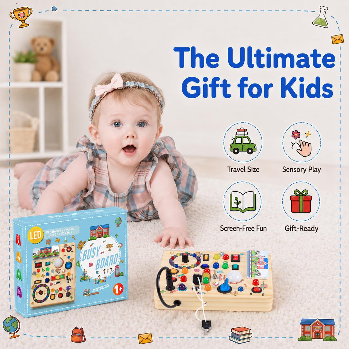 Busy Board with LED Light Switches, Montessori Toys for 1 2 3 Years Old, Toddlers Wooden Toy Sensory Activity Board, Travel Toys for 1+ Year Old Boy & Girl Birthday Gift