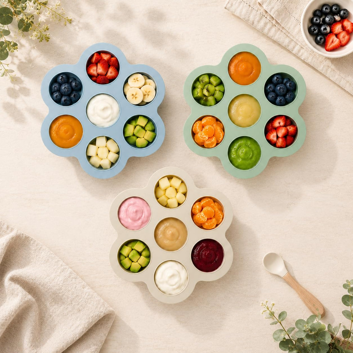 PandaEar 3 Pack Silicone Baby Food Freezer Tray with Lids, Ice Cube Trays for Freezer, Weaning Freezer Tray for Baby Food, Silicone Ice Trays Baby Food Storage Container Tray (Pink/Green/Linen)