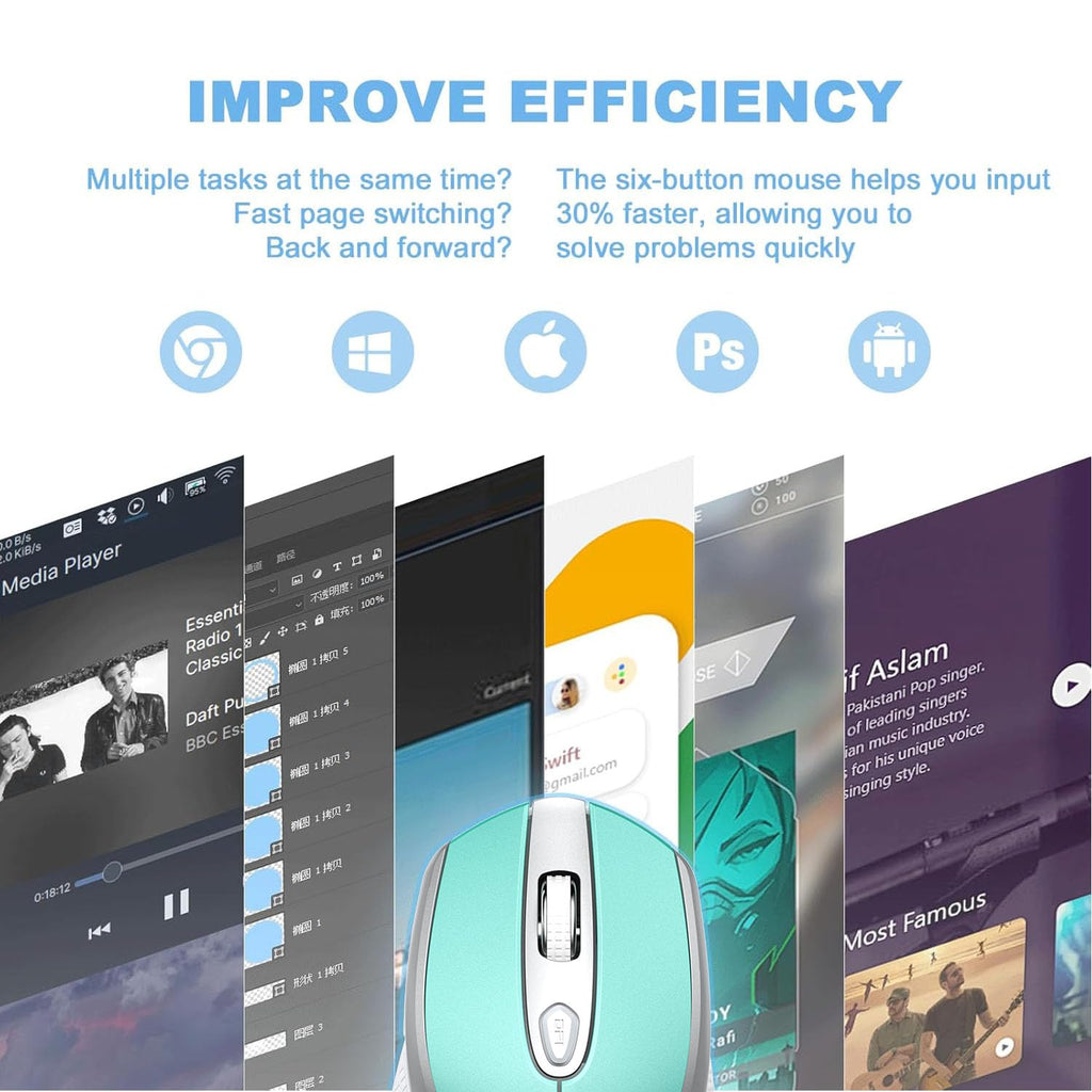cimetech Wireless Mouse, 6 Buttons Mouse Silent Efficient Design, Suitable for Hand Size & Comfortable Grip, Office Mouse for Laptop PC Computer Tablets Windows Linux, 3 Adjustment Levels, Pinlk