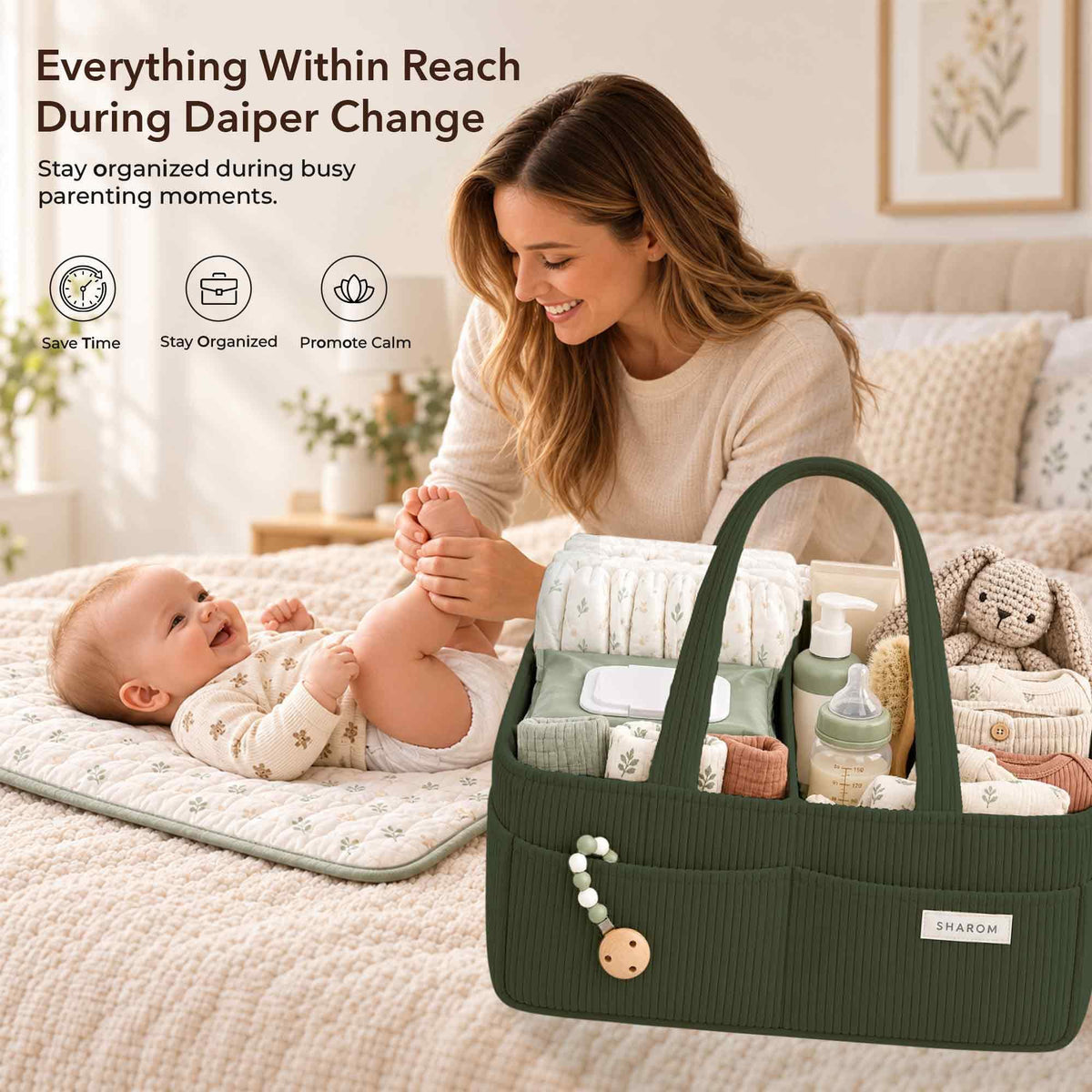 Essential Baby Caddy for Newborns. Spacious, Sturdy & Portable Diaper and Nappy Caddy for Newborn Essentials, Nursery Storage Basket & Organiser for Baby Shower Gifts & Registry Must-Haves Grey
