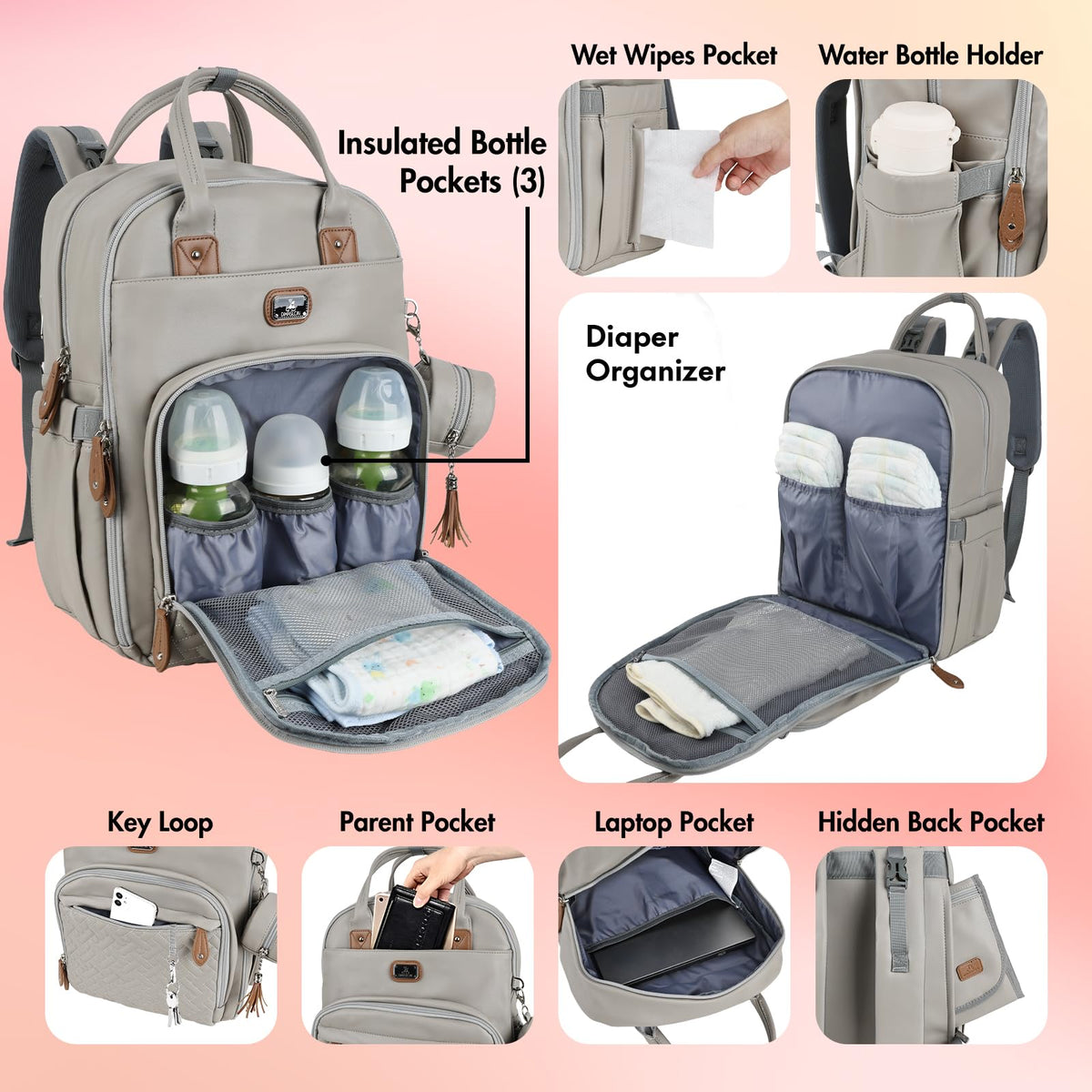 Dikaslon Baby Changing Bag Backpack, Large Nappy Back Pack Multifunction Baby Bags with Portable Changing Mat, Pacifier Holder, and Stroller Straps, for Mom and Dad