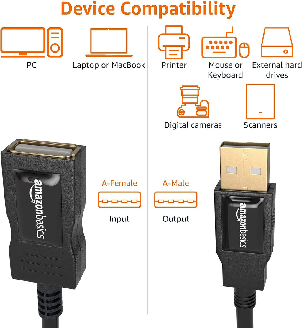 Amazon Basics USB Extension Cable 2.0 A-Male to A-Female, 1 m, Black