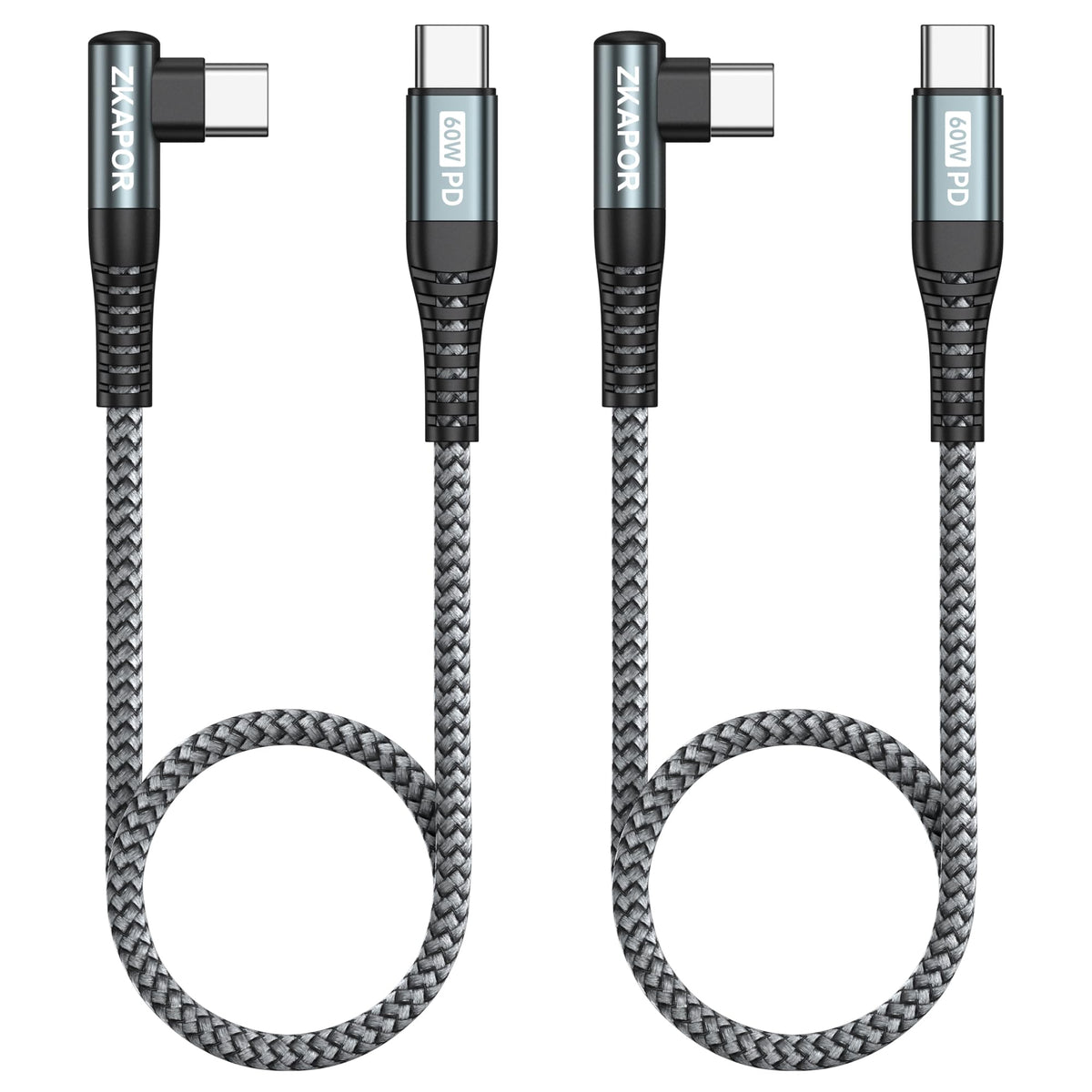 ZKAPOR USB C to USB C Cable 2Pack 3M, 60W Fast Type C Cable Right Angle